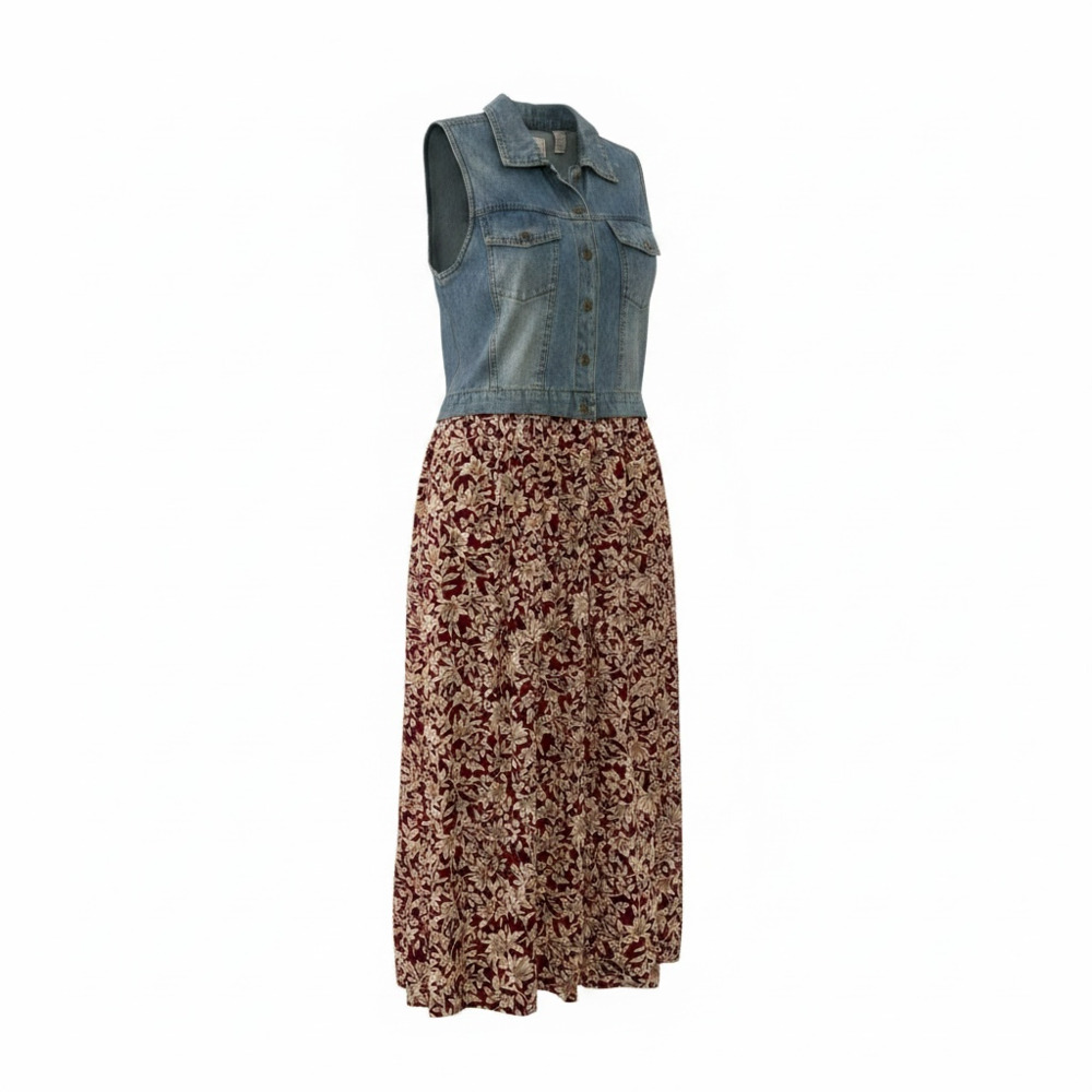 True Blue Vintage 90s Cottagecore Denim Vest Floral Maxi Dres